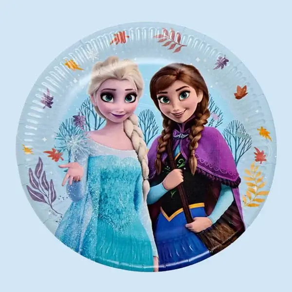 Frozen themed party plate featuring Elsa and Anna surrounded by winter leaves and icy blue artwork.
